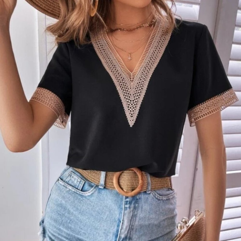 Bohemian V-neck Lace Solid Minimalist Blouse BlacK - Picture 2 of 6